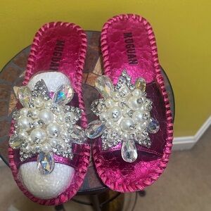 Pink Bejeweled Slides with Pearl Accents